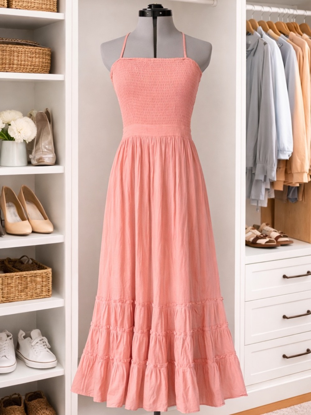 R. Vivimos Coral Maxi Dress Small 4/6 Smocked Halter Open Back Boho Flowy